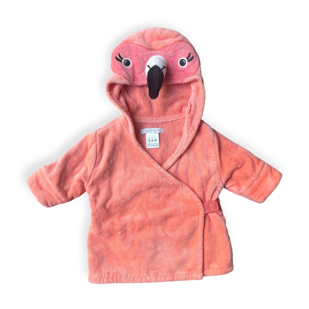 Pottery Barn Hooded Flamingo Baby Robe Coral Cotton Terry 3-6 Months